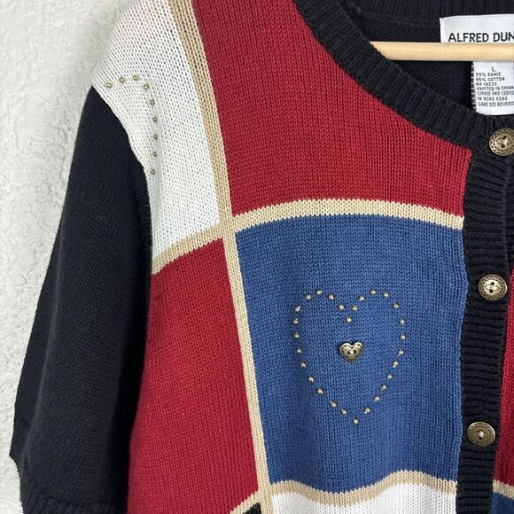 Vintage Alfred Dunner Womens Patchwork Button Up Sweater Large Red White Hearts - Picture 3 of 7